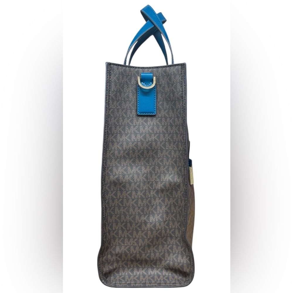 Michael Kors Kenly Brown Blue Lagoon MK Signature Large Tote Shoulder Bag Purse - Picture 9 of 14